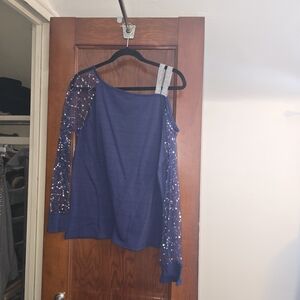 Chic Navy Women's Blouse with Sheer Sleeves